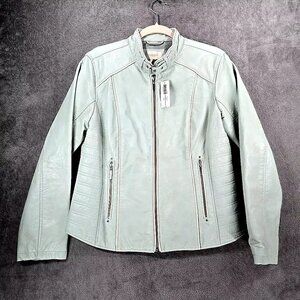 Chico's Vegan Faux Leather Zip Up Moto Dusty Baby Blue Jacket Women's Size 1